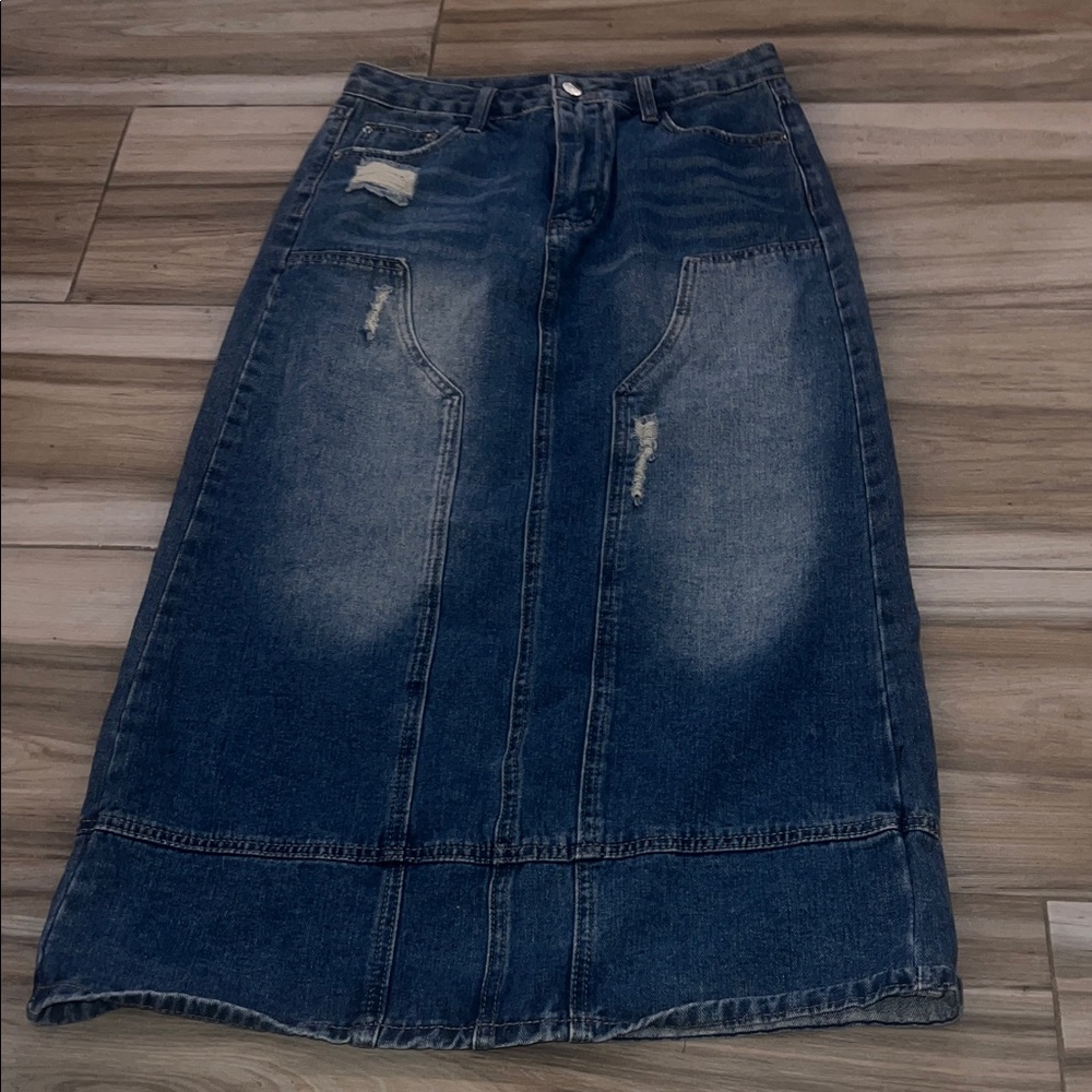 SHEIN Distressed Blue Denim Midi Skirt